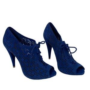Schutz Women Blue Leather Laser Cut Peep Toe Lace Up Ankle Booties Size 8B
